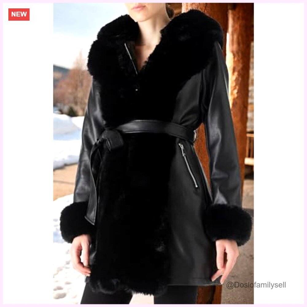 Faux Leather Fur Lined Hooded Coat with Belt, Heavy Winter Overcoat - Picture 2 of 7